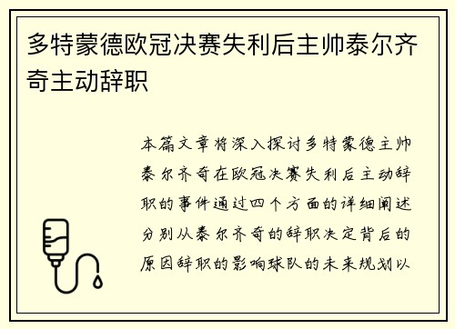 多特蒙德欧冠决赛失利后主帅泰尔齐奇主动辞职